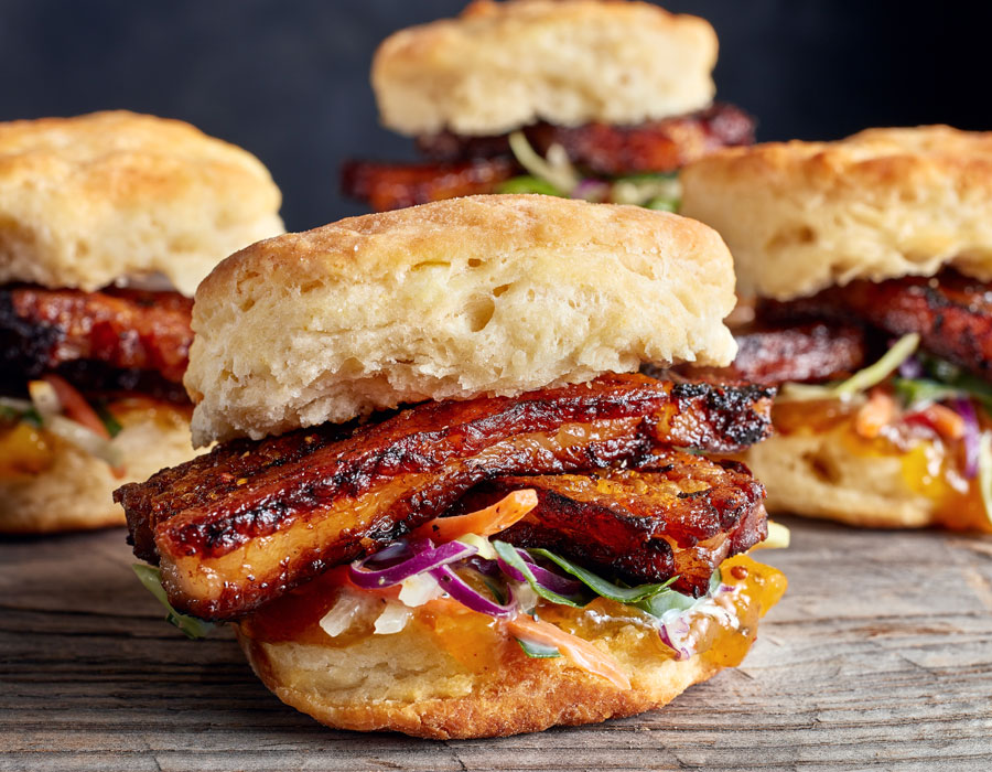 Pork Belly sliders on homemade biscuits