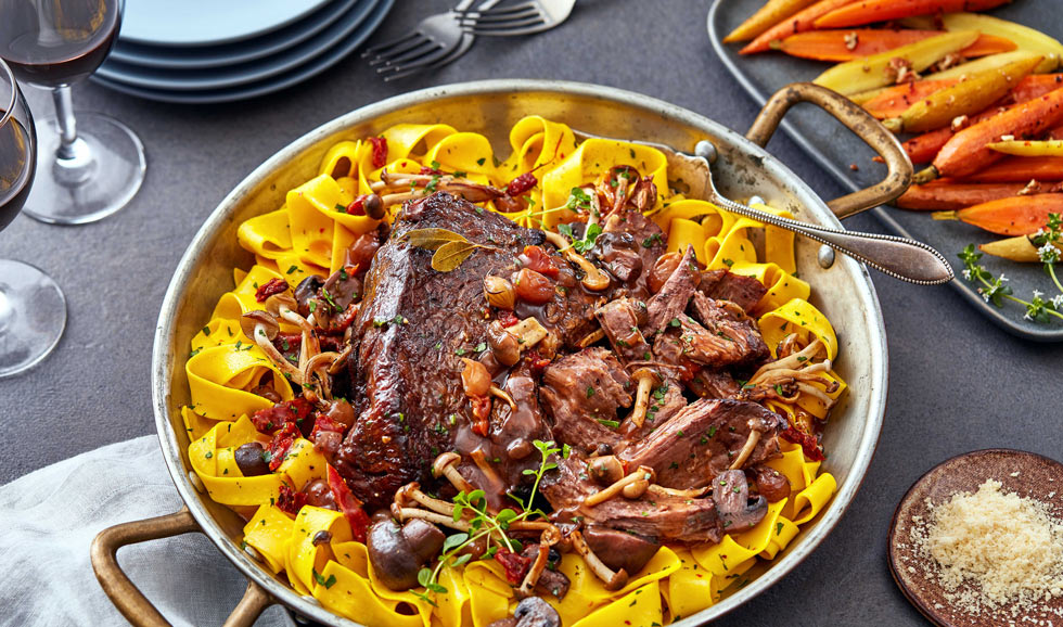 Chuck Roast with wide noodles and mushroom sauce