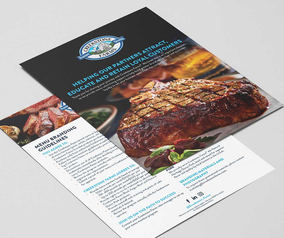 Front and back of a flyer detailing Creekstone Farms’ Menu Mention Program